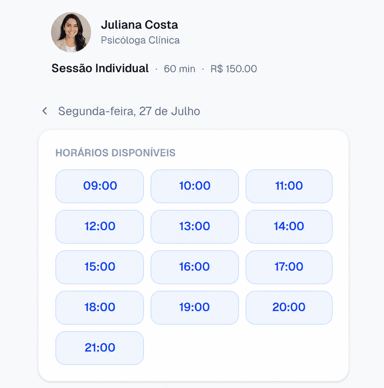Grade de horários disponíveis