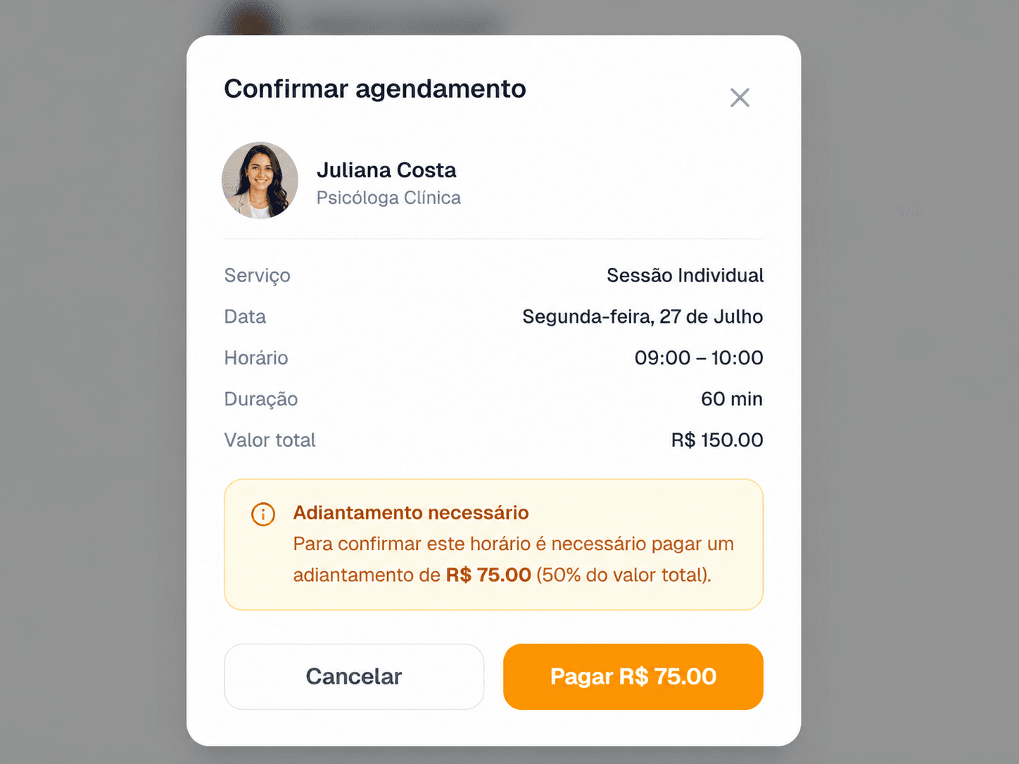 Modal de confirmação com adiantamento